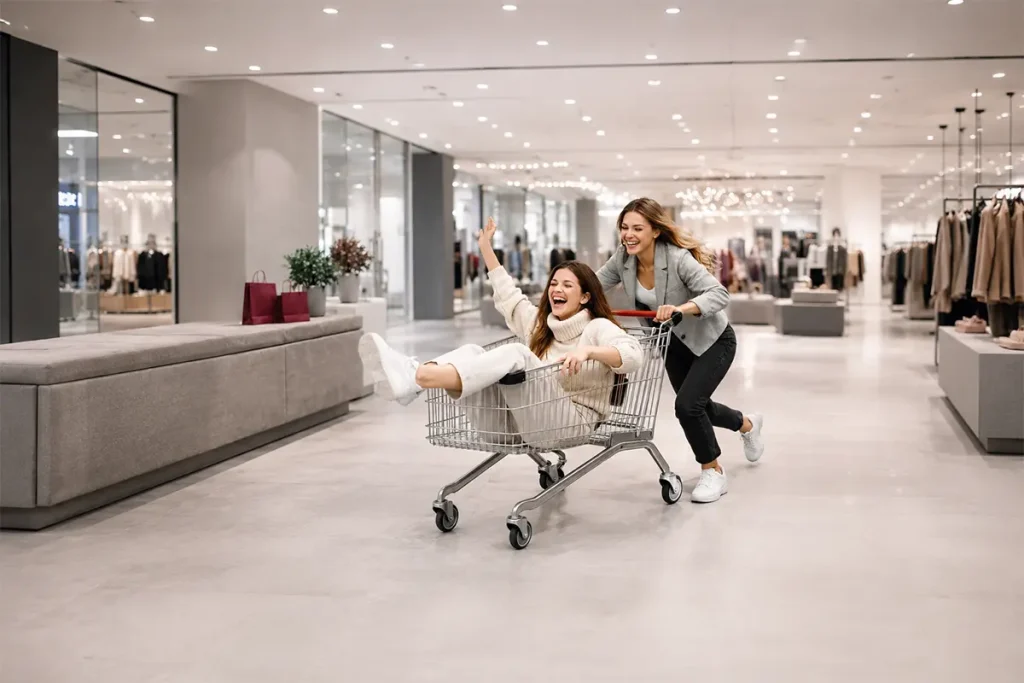 Women shopping for fashion clothing, accessories and gift ideas in a modern store